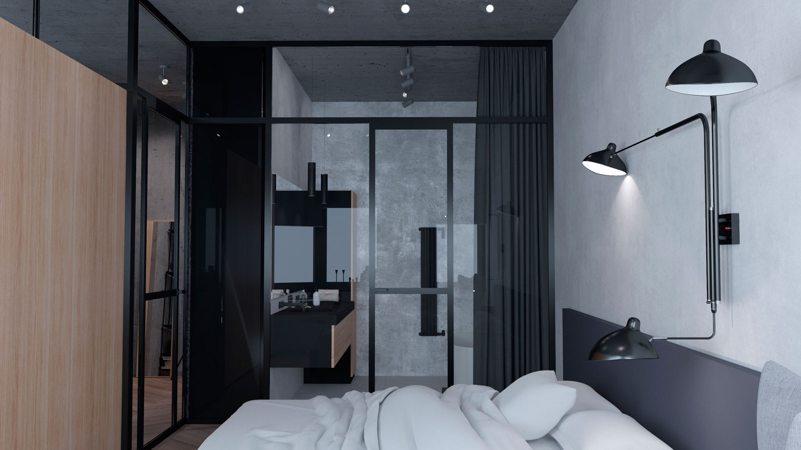 Дизайн-проект спальной компаты в стиле брутализм со стеклянной перегородкой в ванную